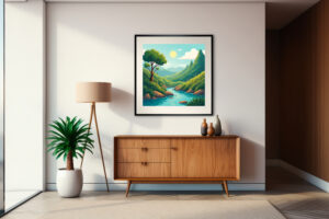 Arte Digital de Paisaje Natural con Río y Montañas