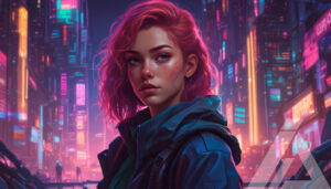 Moda Futurista Retrato en Metrópolis de Neón