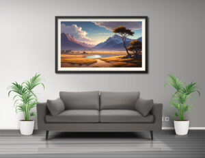 Paisaje Montañoso al Atardecer con Lago y Árboles